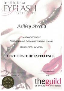 Russian Volume Eyelash Extensions Certificate of Excellence