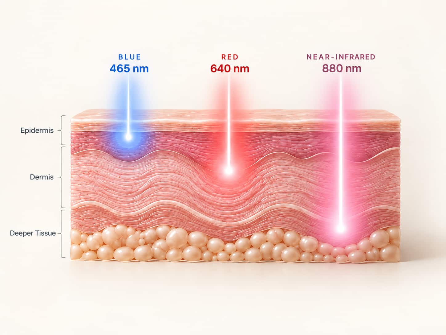 Celluma LED wavelengths penetrating skin at different depths